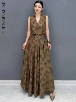Женский жаккардовый костюм SHENGPALAE, комплект из двух предметов, короткий жилет с V-образным вырезом и юбка с завышенной талией, модель 5C1125 на лето, 2024