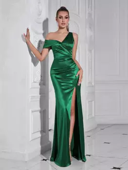 Женское атласное платье-макси с одним открытым плечом