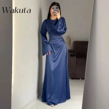 Женское длинное атласное платье с круглым вырезом, Расклешенным рукавом