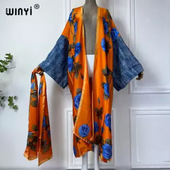 Женское длинное кимоно с длинным рукавом, из денима