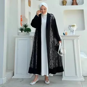Женское длинное кимоно с кружевом, черное абайя с длинными рукавами и отложным воротником в мусульманском стиле