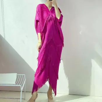 Женское осеннее плиссированное платье Miyake, модное однотонное свободное платье с V-образным вырезом, бахромой и рукавами «летучая мышь», женское платье в стиле ретро с рюшами