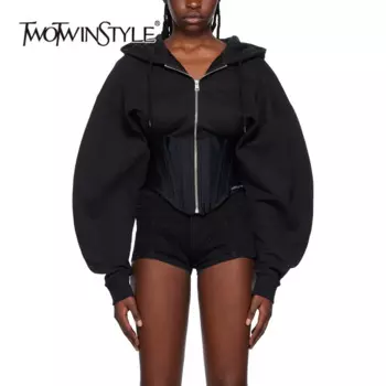 Женское пальто с длинным рукавом TWOTWINSTYLE, красное, лоскутное пальто с капюшоном и кулиской