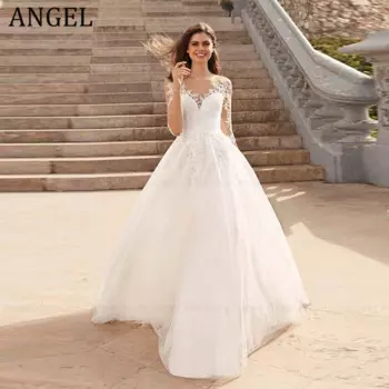 Женское свадебное платье с аппликацией ANGEL, кружевное ТРАПЕЦИЕВИДНОЕ платье невесты с круглым вырезом и рукавом 3/4