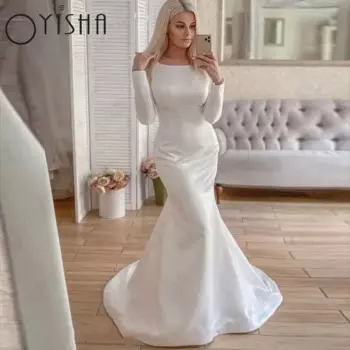 Женское свадебное платье с юбкой годе OYISHA, белое атласное платье с длинным рукавом, V-образным вырезом и аппликацией, простое свадебное платьеСвадебное платье OYISHA Scoop Mermaid с пятью рукавами, атласное белое пл