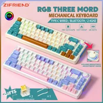 ZIFRIEND Беспроводная механическая клавиатура, 68 клавиш, проводная клавиатура PBT RGB Bluetooth 2,4 ГГц, популярная сменная игровая клавиатура 65% 60% ZA68 Pro мини клавиатура usb Игровые клавиатуры беспроаодная