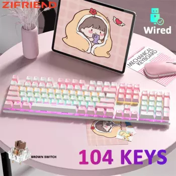 ZIFRIEND KY300 Механическая клавиатура 104 клавиши Проводная Радуга RGB Подсветка Компьютерная игра Офис Коричневый переключатель Белый Розовый