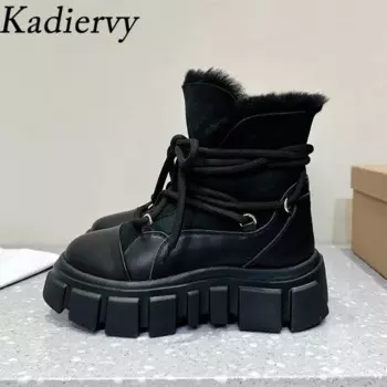 Зимние зимние ботинки, женские шерстяные теплые туфли на шнуровке с круглым носком, женские короткие ботинки из натуральной кожи, женские ботильоны на плоской платформе