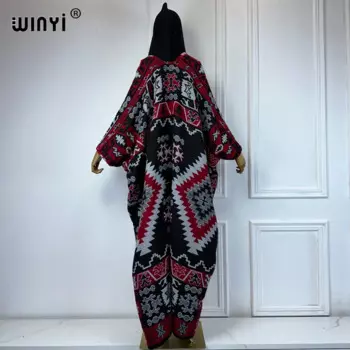 Зимний Африканский кардиган WINYI, Женская абайя с национальным принтом ветра, осенняя одежда для женщин, пальто, кимоно с открытой передней частью, длинное пуховое пончо
