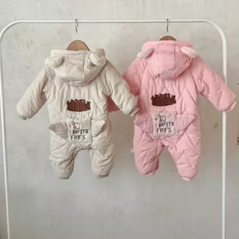 Зимний комбинезон для новорожденных девочек, хлопковый бархатный плотный теплый комбинезон для маленьких девочек, комбинезон с принтом, парка для маленьких девочек с карманами