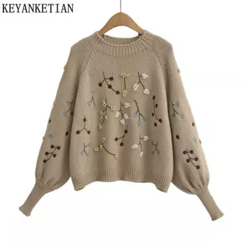Зимний новый женский свитер KEYANKETIAN с цветочной вышивкой, украшенной бусинами, в стиле мори, с рукавами-фонариками, пуловер с подкладкой