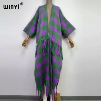 Зимний женский кардиган с бахромой WINYI разных цветов, Свободный кардиган, длинное платье, толстый теплый кафтан свободного кроя, свободный размер