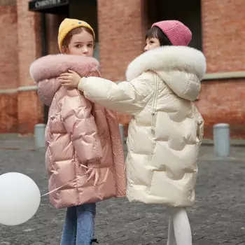 Зимняя пуховая куртка для девочек 5-16 лет, непромокаемая Длинная зимняя верхняя одежда с капюшоном и искусственным мехом, парка для девочек-подростков, 2024