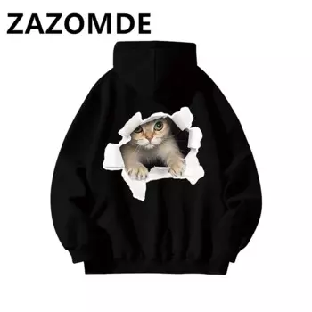 Зимняя Толстовка с принтом ZAZOMDE, Свободный свитшот, пуловер, хлопковая толстовка с капюшоном, винтажная уличная одежда, толстовки с принтом кошек и завязками спереди