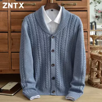ZNTX свитер из чистого кашемира, мужской кардиган, очень толстый зимний теплый жаккардовый свитер с лацканами, повседневный вязаный свитер, пальто, костюм для папы среднего возраста