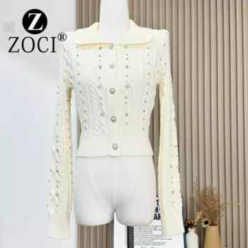 [ZOCI] Мягкий свитер Pearl Cloud Hazy, кардиган с высокой талией, облегающий топ с бусинами для ногтей, милый вязаный топ