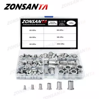 ZONSANTA120 шт. Набор заклепок из нержавеющей стали 304, гайка M3 M4 M5 M6 M8 M10, гайка из углеродистой стали с плоской головкой, комплект гаек с резьбой