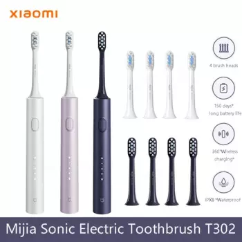 Зубная щетка XIAOMI Mijia T302 электрическая Звуковая, 3 цвета, 4 насадки, водонепроницаемость IPX8, Беспроводная зарядка на 360 °, 4 режима