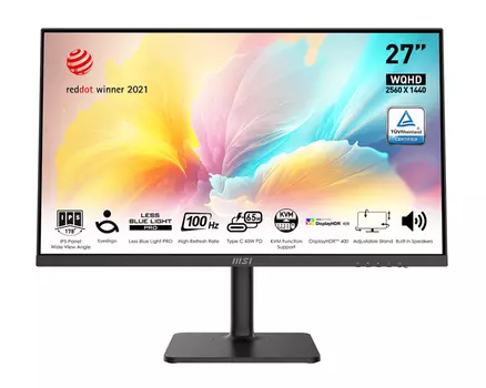 Монитор MSI Modern MD272QXP 27" Black (IPS, 2560x1440, HDMI+DP+Type C, USB Hub, 1 ms, 178/178, 400 cd/m, 1000:1 (100M:1), 100Hz, MM, Pivot)
