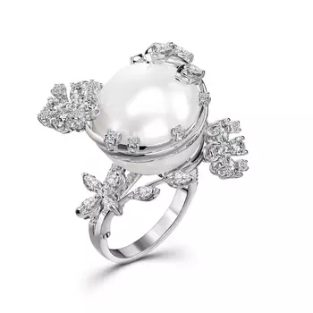 Кольцо с 65 бриллиантами белое золото 750