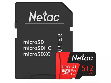 Карта памяти Netac P500 Extreme PRO microSDXC 512Gb Class 10 + SD адаптер Черный/Красный NT02P500PRO-512G-R