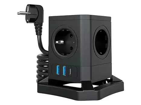 Сетевой фильтр QUMO Power Block System PD1 12SP5U (P-0003), 5 розеток, 2xUSB, USB-C, 2500 Вт, 10А, 2м Черный 42087