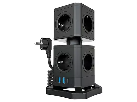 Сетевой фильтр QUMO Power Block System PD1+1 12SP5U (P-0003), 9 розеток, 2xUSB, USB-C, 2500 Вт, 10А, 2м Черный 42088