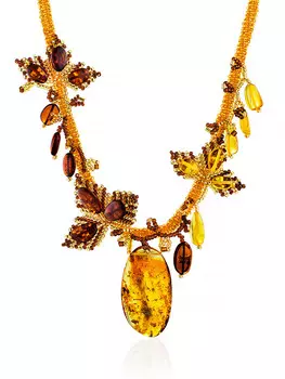 Авторское плетёное колье из бисера и натурального янтаря «Лукоморье»