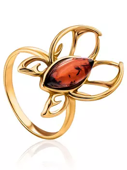 Ажурное кольцо-бабочка из позолоченного серебра и янтаря «Апрель»