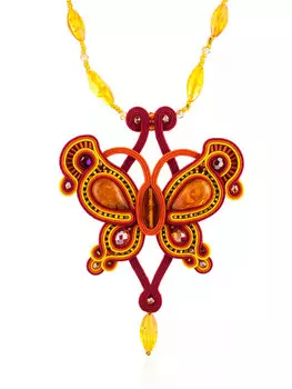 Ажурное плетеное колье с вставками из натурального медово-золотистого янтаря «Индия»