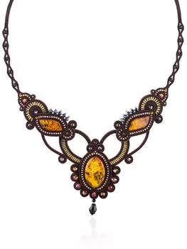 Ажурное плетеное колье с вставками из натурального золотистого янтаря «Индия»