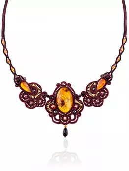 Ажурное плетёное колье со вставками из натурального золотисто-коньячного янтаря «Индия»