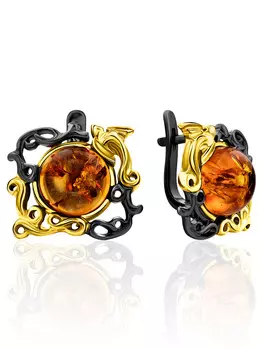 Ажурные серьги из чернёного серебра с позолотой и натурального янтаря «Лиора»