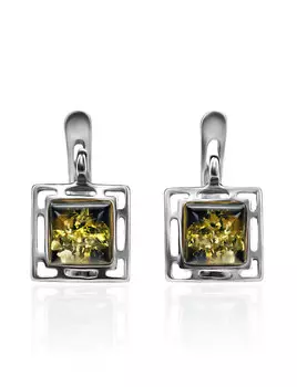 Ажурные серьги из серебра и натурального янтаря зелёного цвета «Итака»