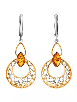 Ажурные серьги из серебра с позолотой и натурального янтаря «Согдиана»