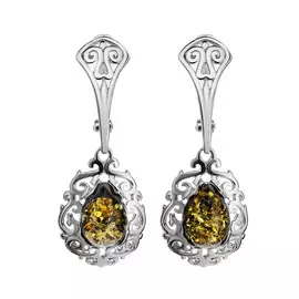 Ажурные серебряные серьги с натуральным балтийским зелёным янтарём «Луксор»