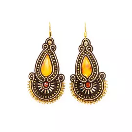 Ажурные удлиненные серьги с элементами плетения и вставками из натурального яркого коньячного янтаря «Индия»