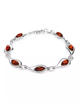 Ажурный серебряный браслет с натуральным коньячным янтарем «Фиори»