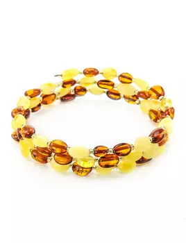 Браслет из янтаря на струне в три оборота «Оливка лимонная и коньячная»