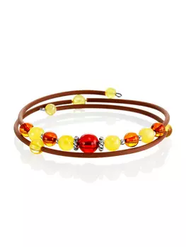 Браслет «Оклахома» на коричневой струне с янтарём разных оттенков