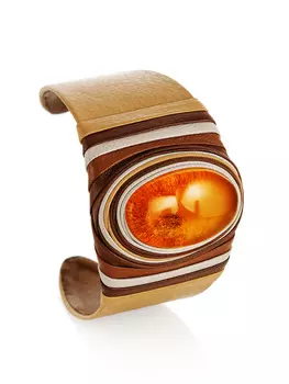 Браслет в сафари-стиле из кожи и натурального балтийского янтаря «Нефертити»