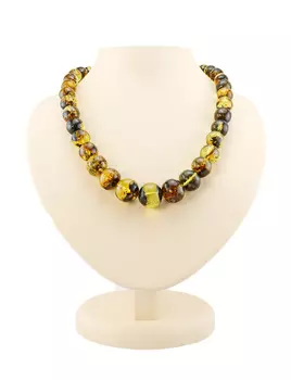 Бусы из крупных янтарных шаров природного лимонного оттенка с черными вкраплениями «Метеорит»