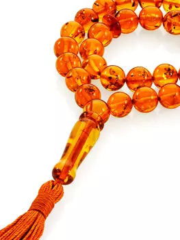 Чётки на 33 бусины-шарика из натурального цельного прозрачного янтаря коньячного цвета