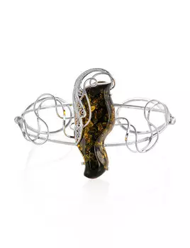 Филигранный серебряный браслет с натуральным янтарём зелёного цвета «Крылышко»