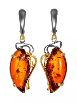 Искрящиеся серьги «Риальто» с натуральным коньячным янтарём в позолоченном серебре