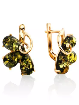 Изящные позолоченные серьги «Сакура» с зелёным янтарём