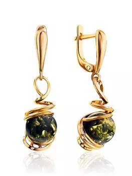 Изящные позолоченные серьги «Валенсия» с зелёным янтарём