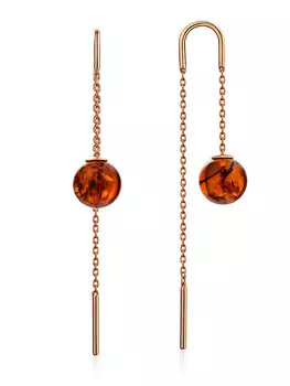 Изящные продевные серьги с коньячным янтарём «Юпитер»