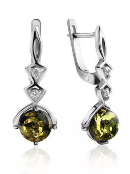 Изящные серьги с янтарём зелёного цвета и кристаллами «Самбия»