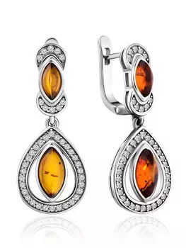 Изящные серьги «Ренессанс» с натуральным янтарём и фианитами